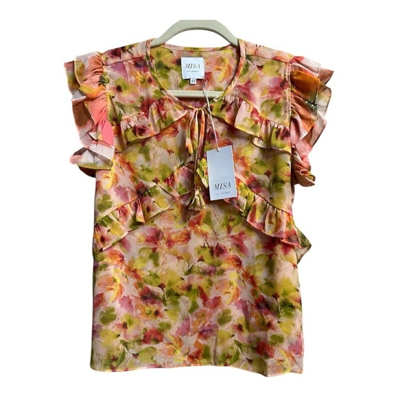 Misa Los Angeles Tops - Misa Emi Top - Floral Ruffle Sleeve Top - Multicolor